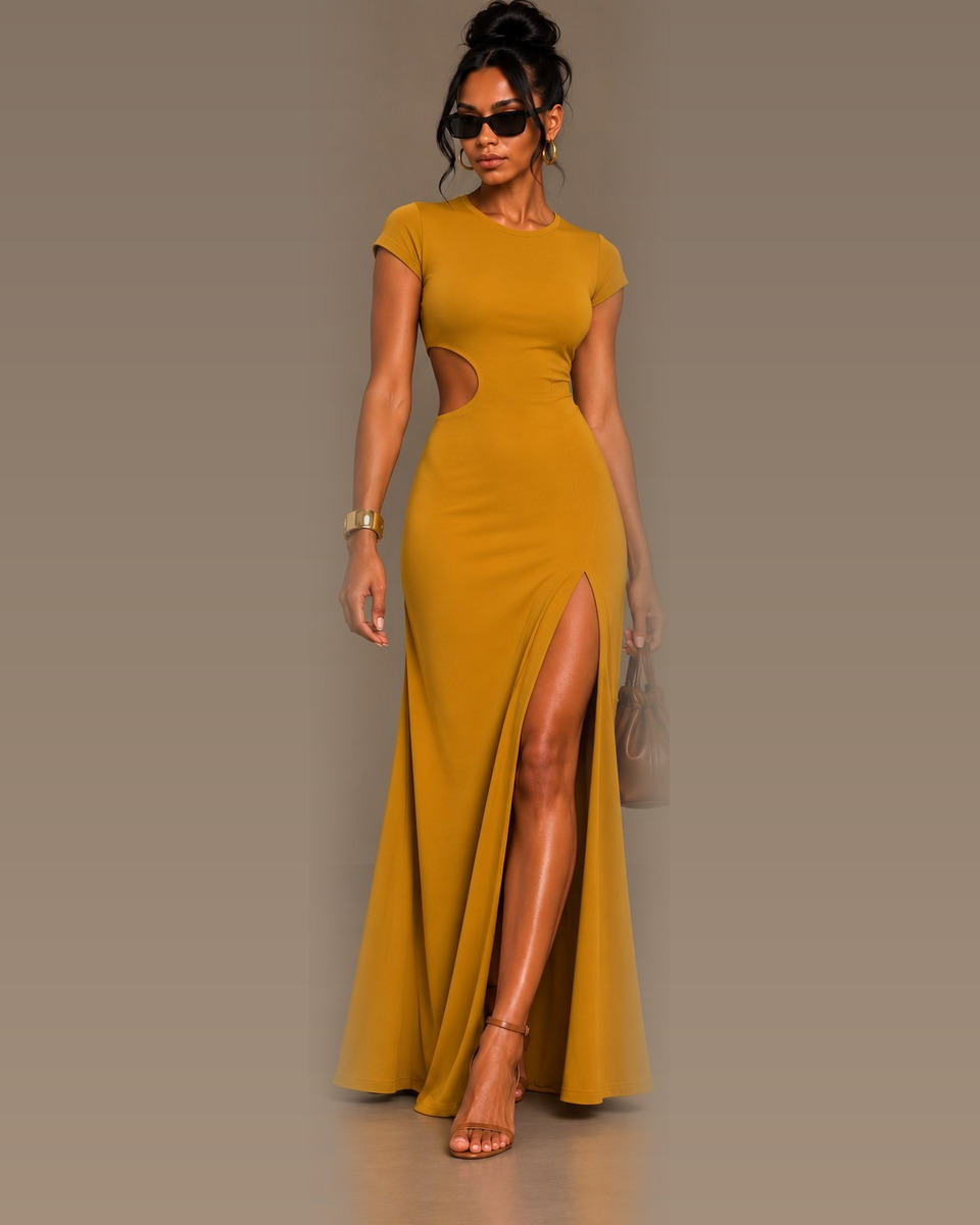 Model in een okerkleurig aansluitend maxi kleed met taille-uitsnijding en hoge split
